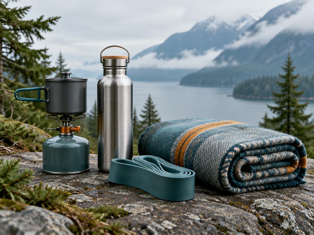 Camping and outdoor equipment in a Canadian mountain setting